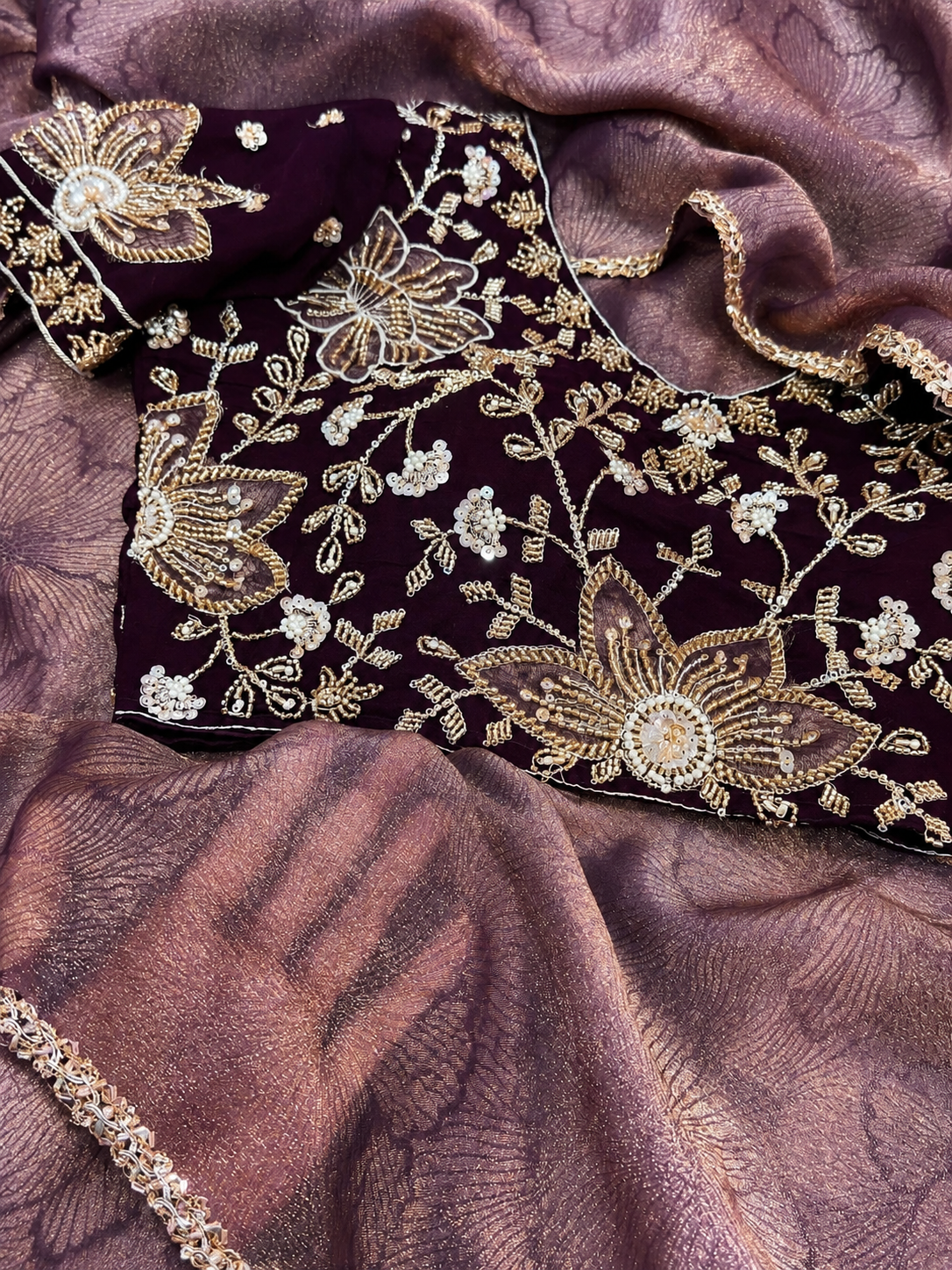 Deep Red Kiara Premium Fandy Satin Jacquard Saree